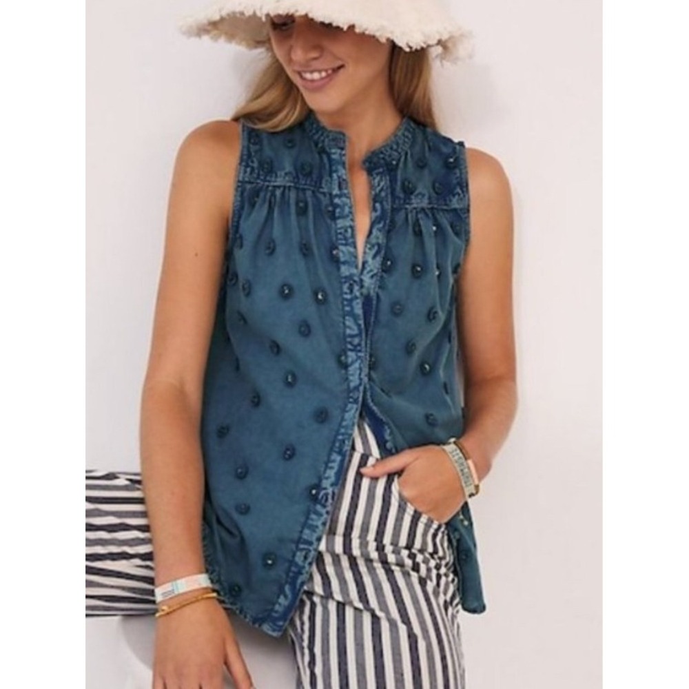 Pilcro Anthropologie Sleeveless blue Denim Top‎ Women XS Blue Embroidered Sequin